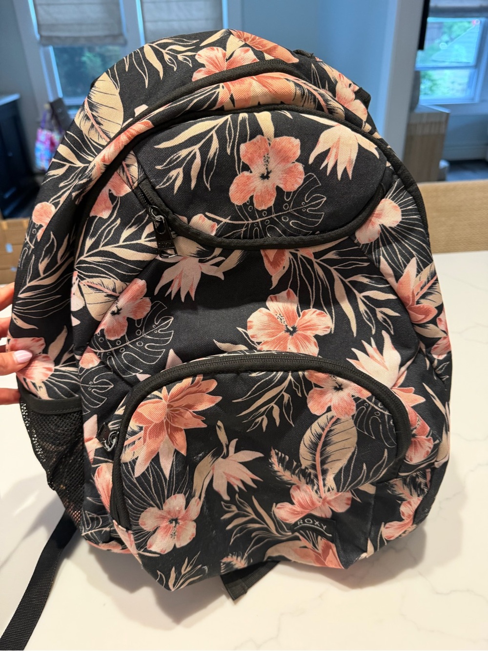 Roxy Black Backpack with Peach Floral Pattern